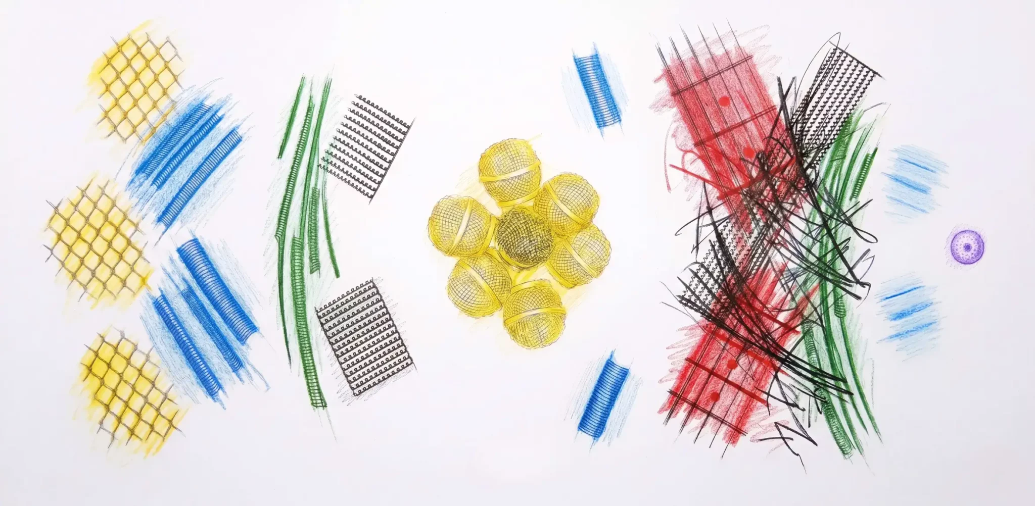 Frottage BR – Q: auf weißem Papier farbige Buntstift-Inseln, links gelbe Rautengitter und blaue geriffelte Saiten, in der Mitte eine Rosette aus gelben Gitterkugeln, rechts rote Doppelsaiten, schwarze Kritzel und grüne Linien, am rechten Rand ein kleiner violetter Kreis.